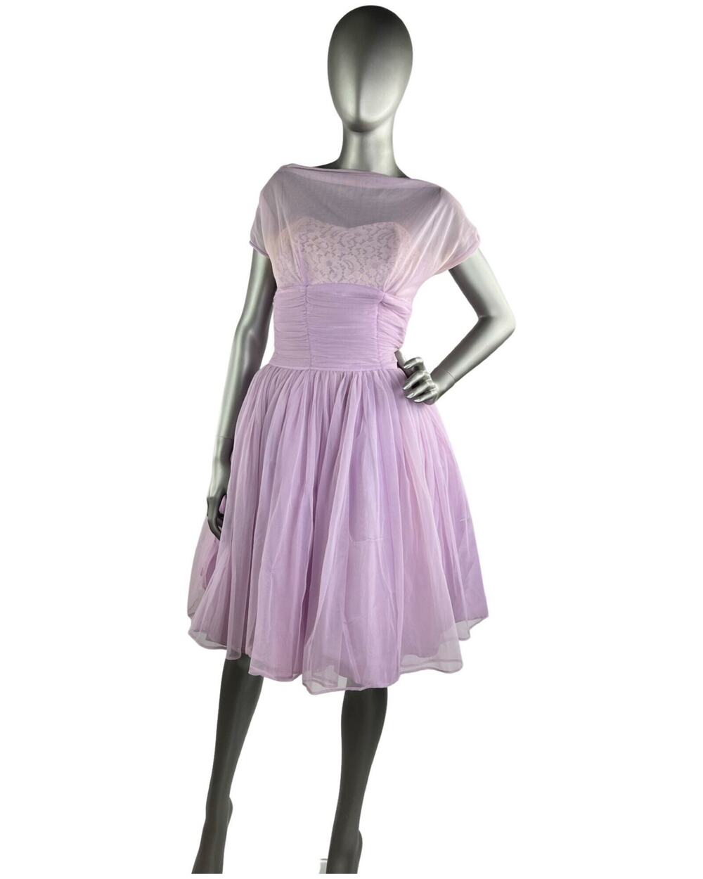 Vintage 1960s Chiffon And Lace Lilac Mini Dress Small